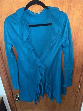 oneA (brand) Ruffled Open-Front Cardigan in Teal
